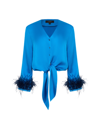 Блуза на завязках с страусиными перьями синяя