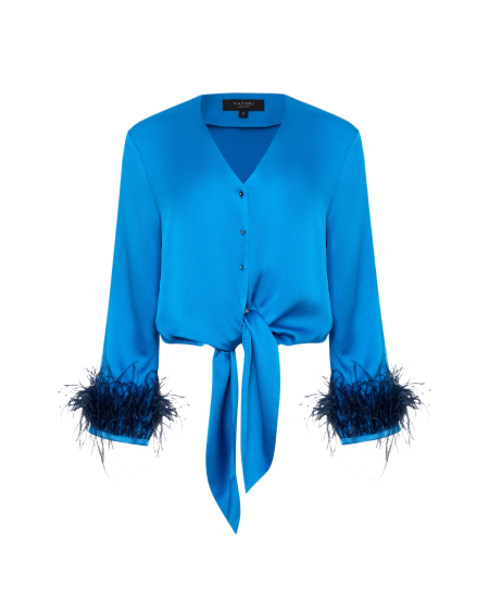 Блуза на завязках с страусиными перьями синяя
