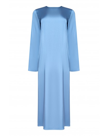Платье прямого кроя с длин рукав синий шелк