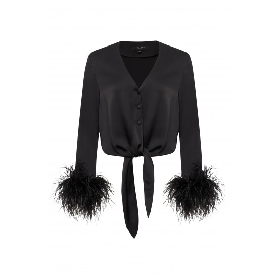 Блуза на завязках с страусиными перьями чёрная