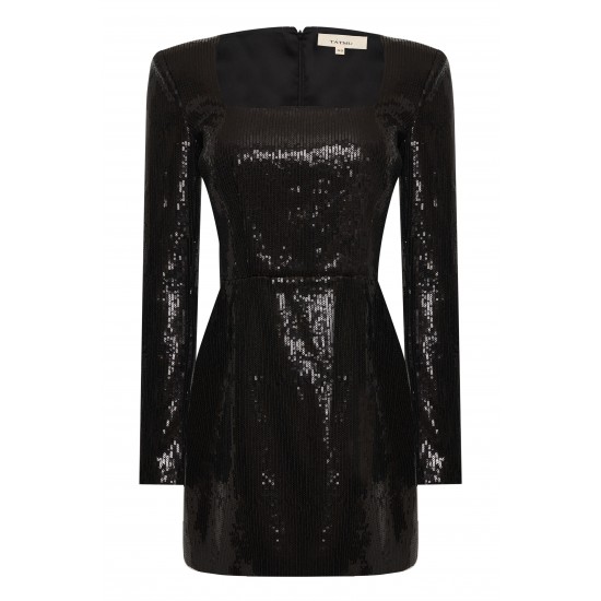 Платье мини с вырезом каре из черной пайетки 